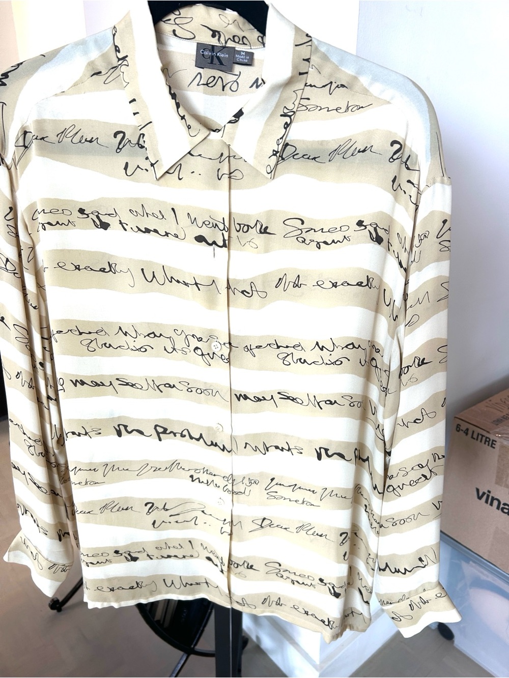 Calvin Klein 100% silk Button-Front Script Stripe Shirt - Beige/taupe.